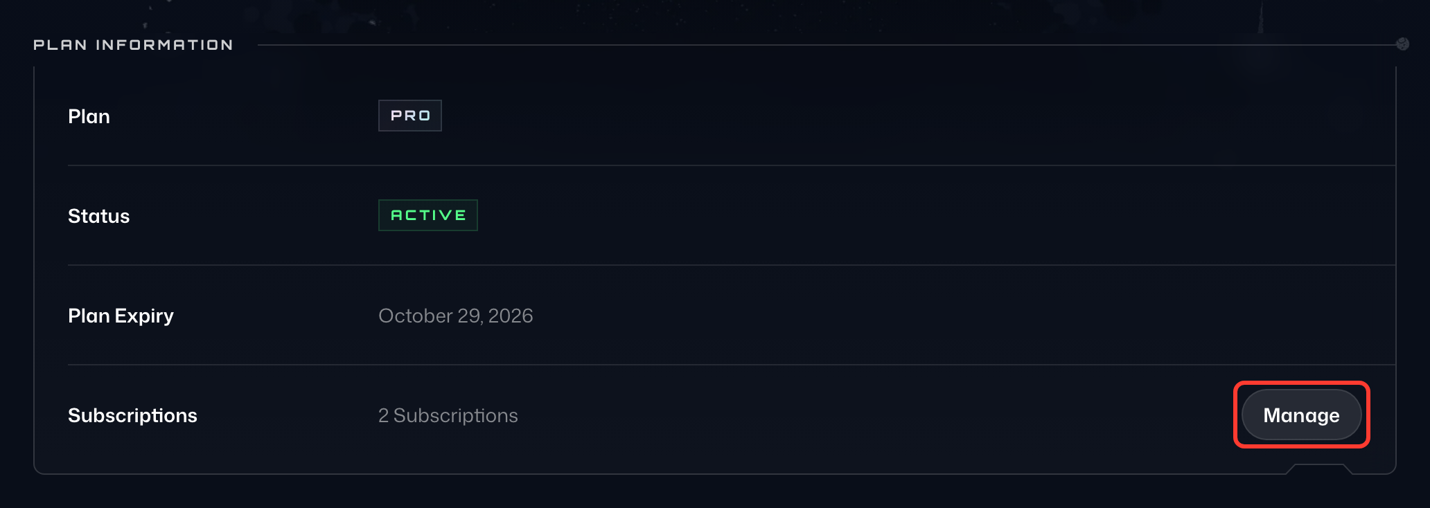 Manage button next to Subscriptions on the Billing tab