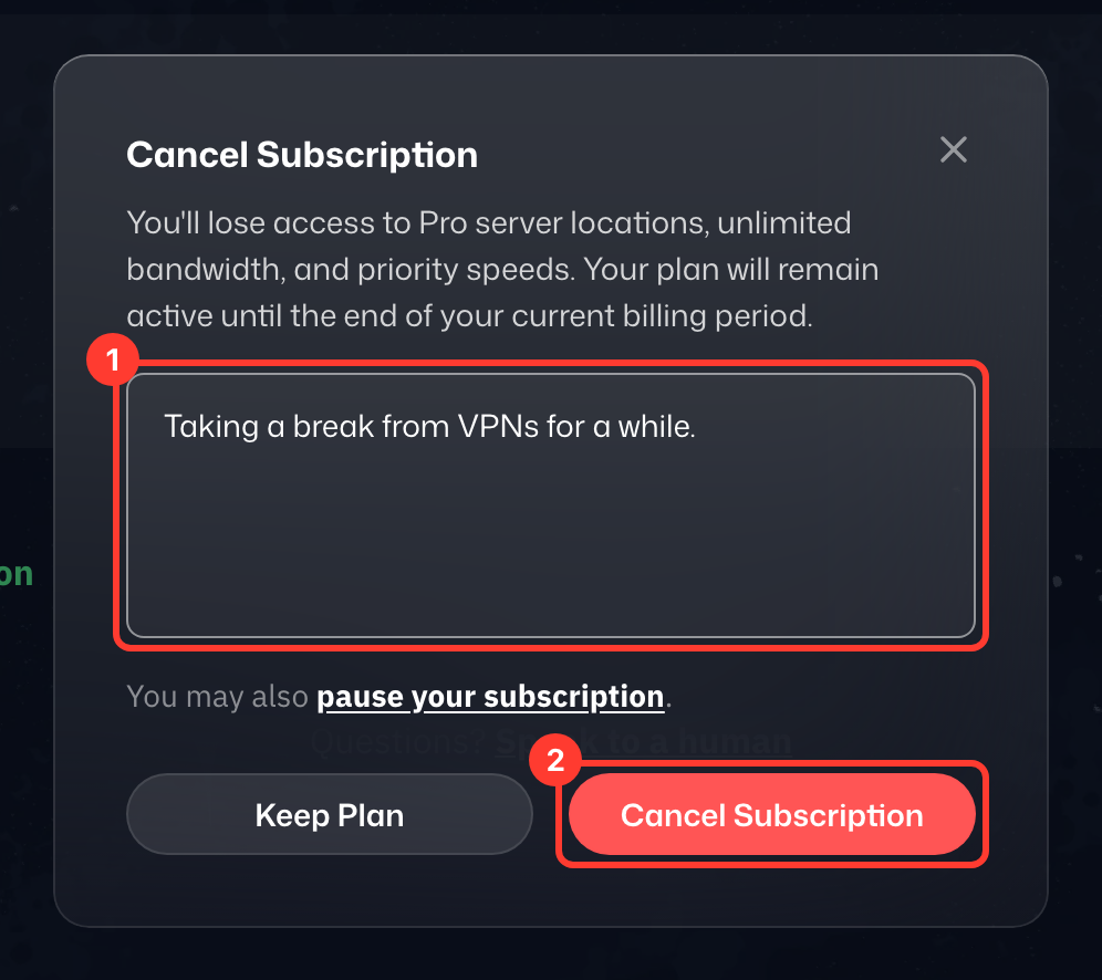 Cancellation reason and Cancel Subscription button