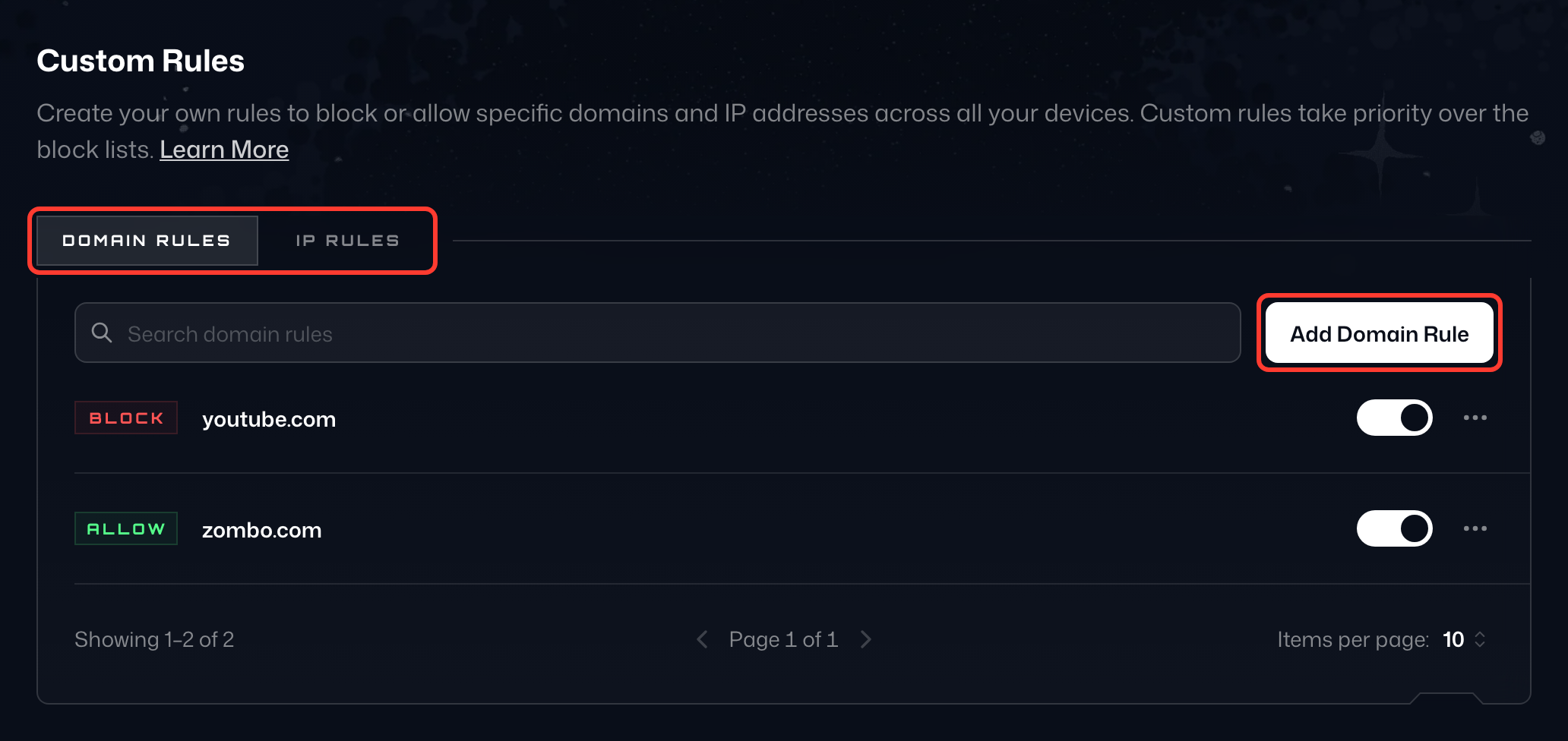 The Custom Rules tab in My Account with Domain Rules selected, showing a Block rule for youtube.com and an Allow rule for zombo.com