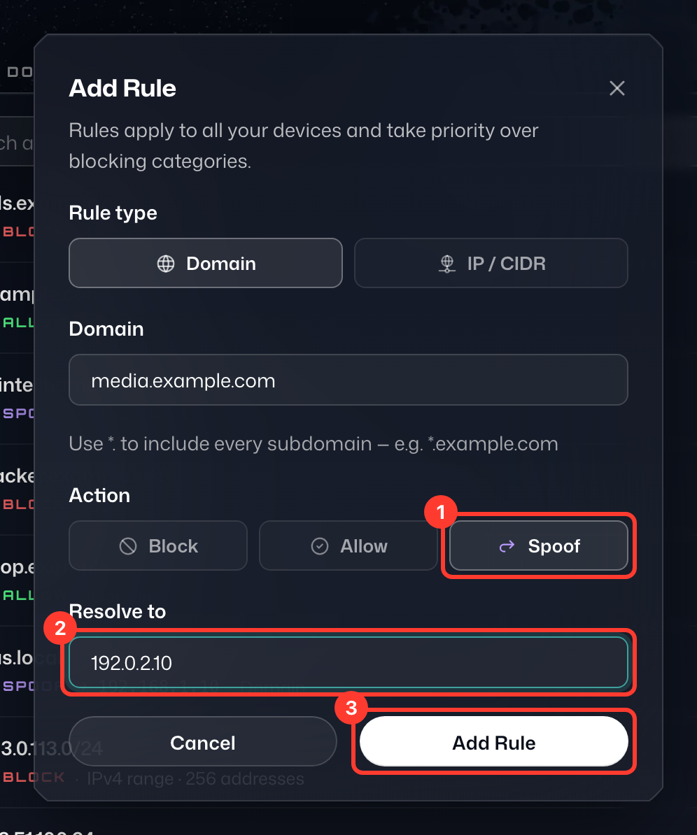 The Add Rule dialog with media.example.com entered, Spoof selected and 192.0.2.10 under Resolve to