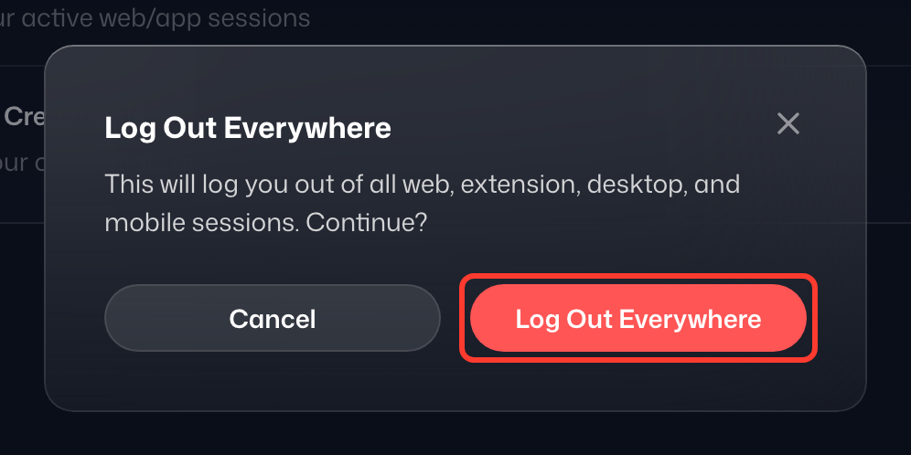 The Log Out Everywhere confirmation dialog, with the Log Out Everywhere button highlighted